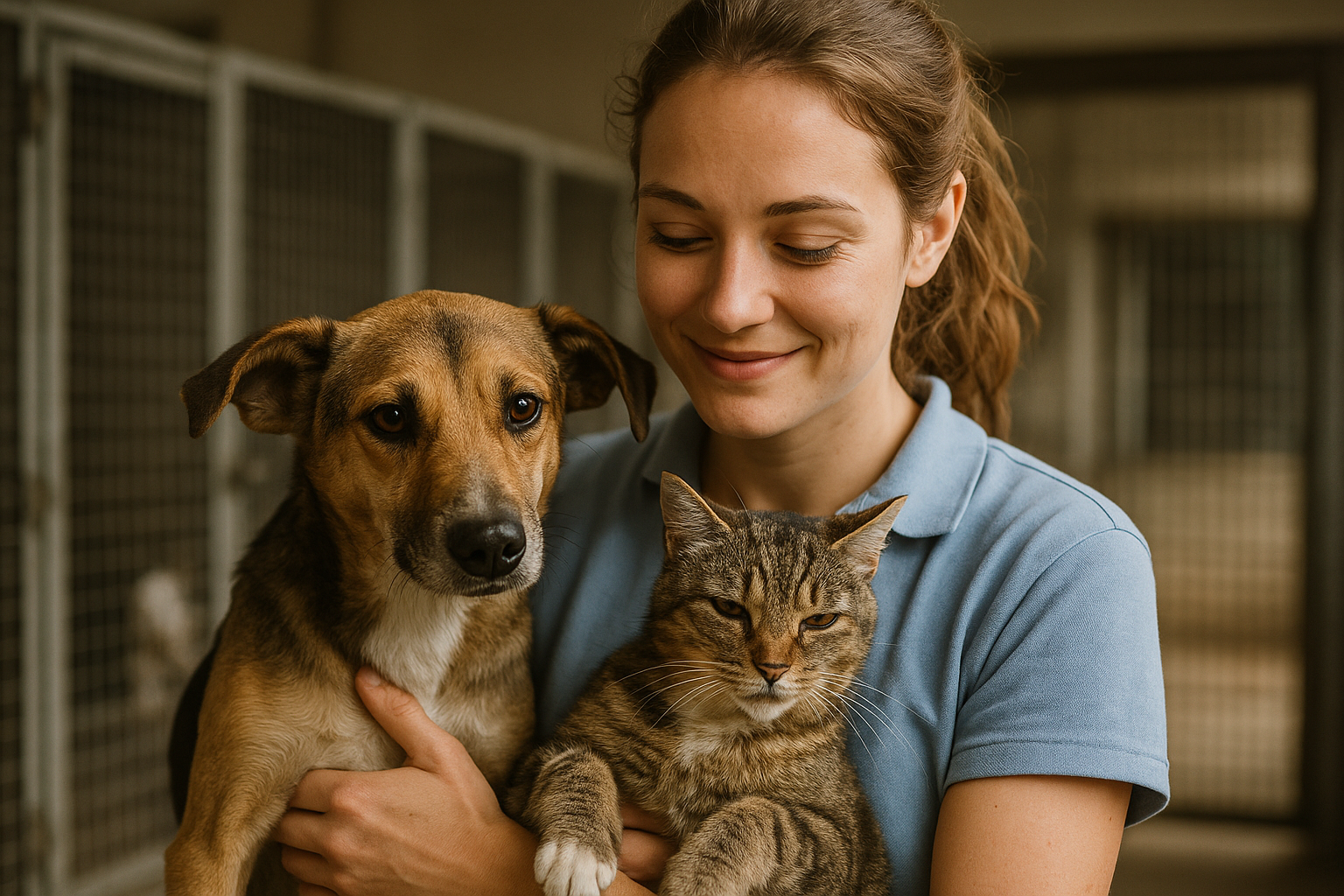 bénévole tenant un chien et un chat dans un refuge animalier