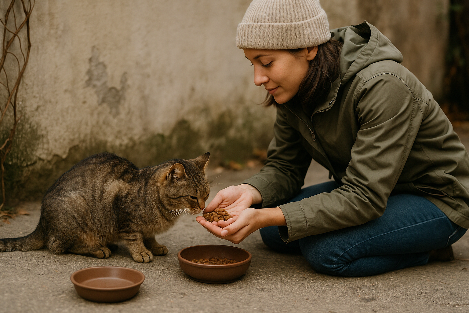 femme nourrissant un chat errant dans une rue calme